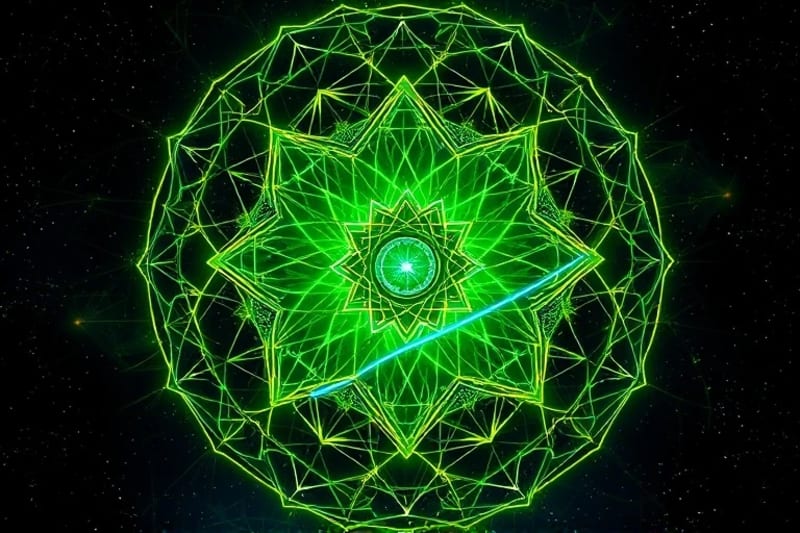 Abstract digital art with glowing energetic lines forming organic patterns, embedded with geometric planetary symbols.