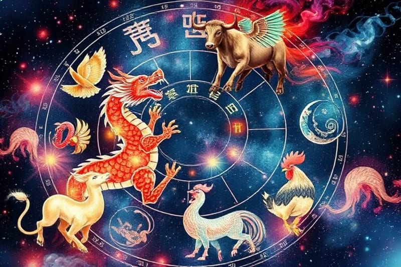 Ilustración acuarela de los doce animales del zodiaco chino con sus elementos