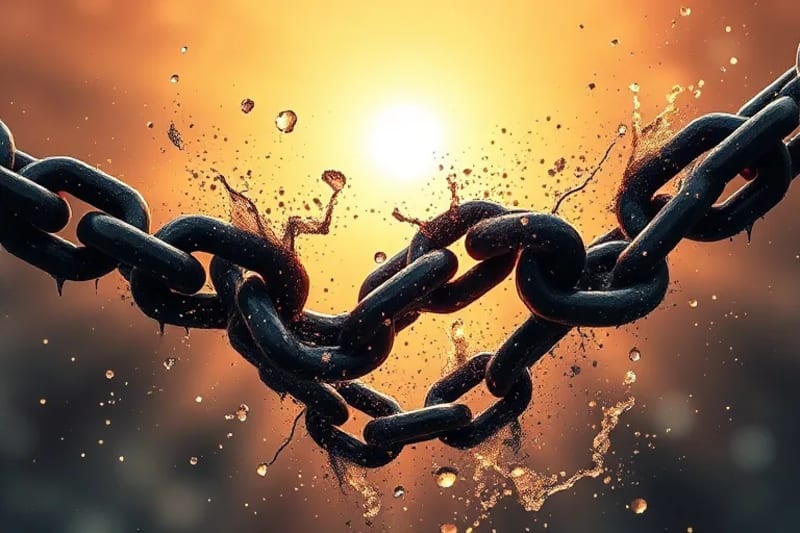 Cadenas etéreas oscuras rompiéndose y disolviéndose en partículas de luz, con una luz dorada que emana de una fuente distante, simbolizando la liberación espiritual.
