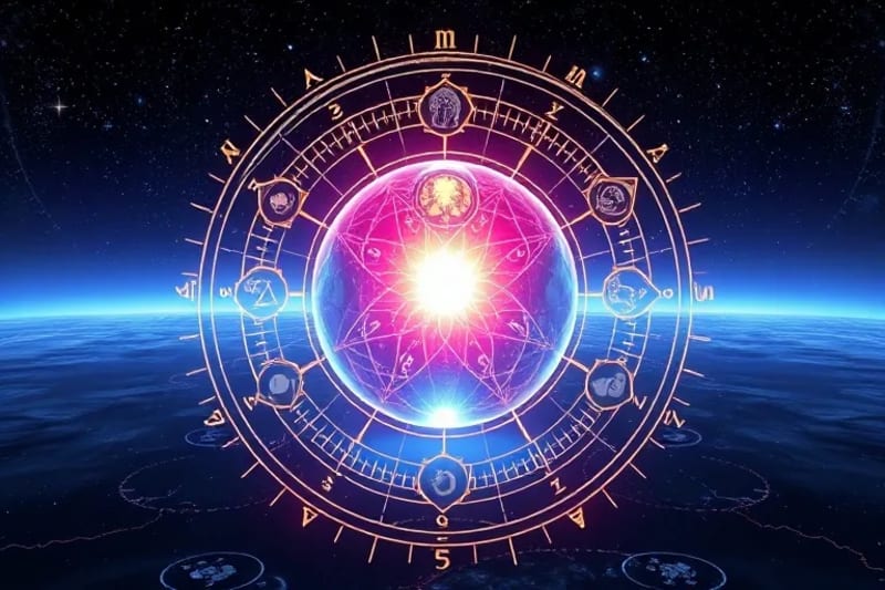 Blueprint of Integrated Self 3D render of a glowing crystal sphere surrounded by celestial bodies and gears