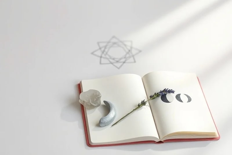 A journal open to a moon phase drawing, with a selenite crystal and lavender, symbolizing mindful reflection and growth.