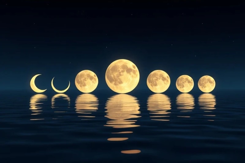 Abstract 3D render of moon phases reflecting on water, illustrating the cyclical nature of lunar energies.