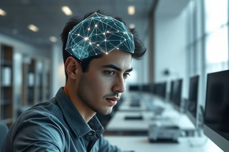 Worker in a modern office with subtle neural network patterns, contemplating the future of work and neurotechnology.