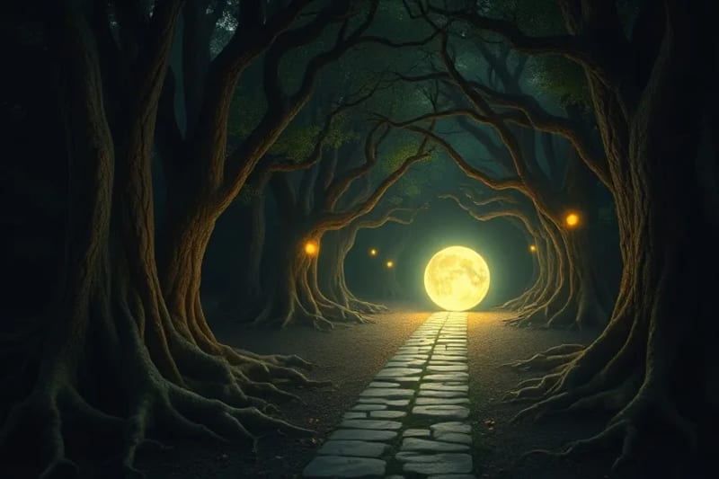 Pintura digital de un camino serpenteante a través de un bosque oscuro, con orbes luminosos que representan lecciones de vida y crecimiento.