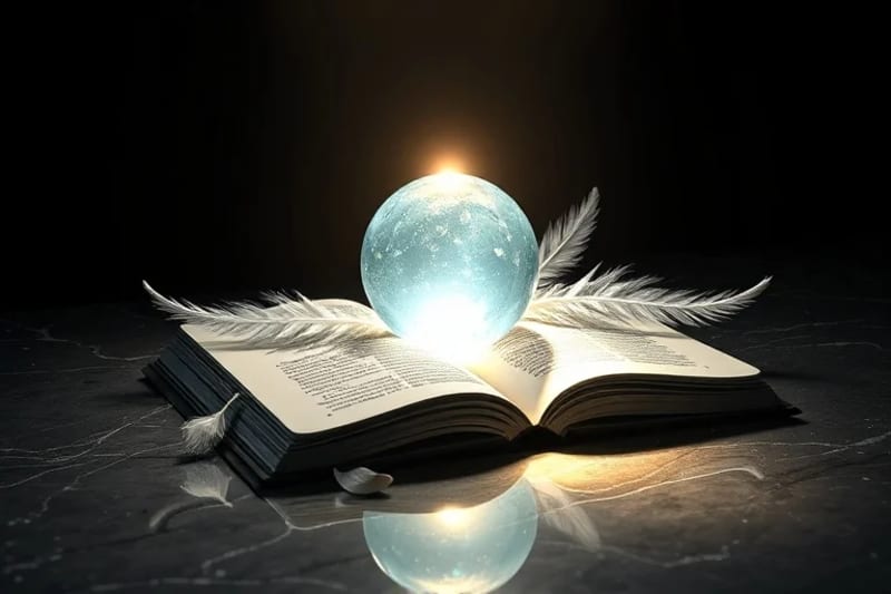 Bodegón conceptual de orbe, plumas y libro antiguo