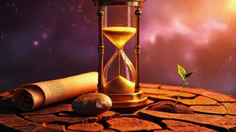 Render 3D de un reloj de arena antiguo con objetos simbólicos como un pergamino y un brote, representando el tiempo y la transformación.