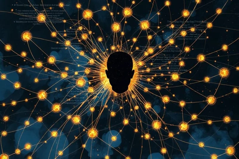Abstract illustration of a glowing neural network intertwined with legal documents and a human silhouette, symbolizing the protection of mental privacy.