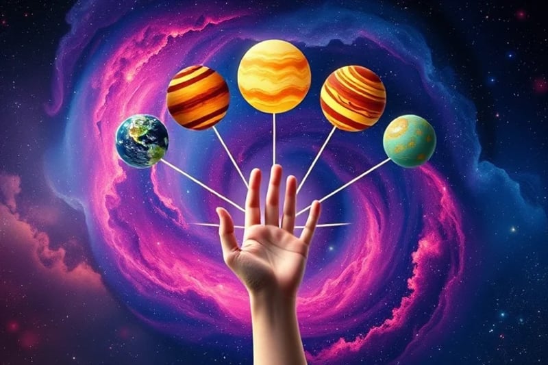 Digital painting of seven celestial bodies in an esoteric pattern, with a hand reaching towards them, surrounded by nebulae.