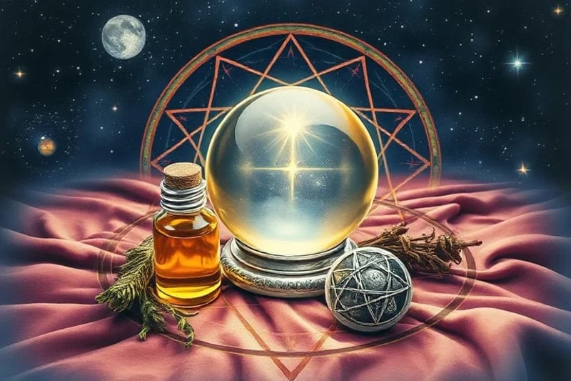 Watercolor illustration of a crystal ball, anointing oil, dried herbs, and a planetary talisman on velvet, reflecting starlight.