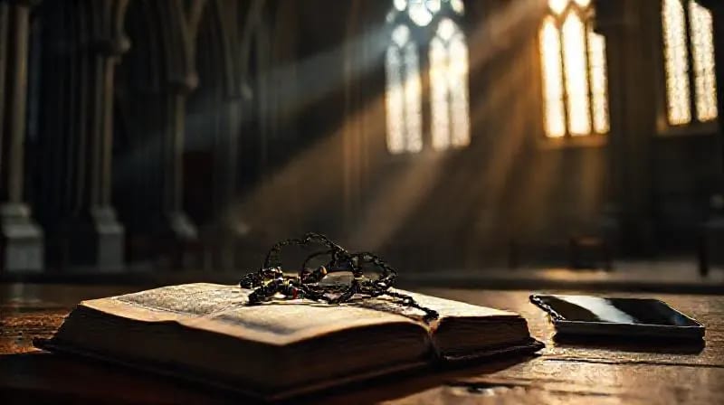 Rosario hecho de circuitos luminosos sobre una Biblia antigua, con luz proyectando un símbolo sagrado en un smartphone.