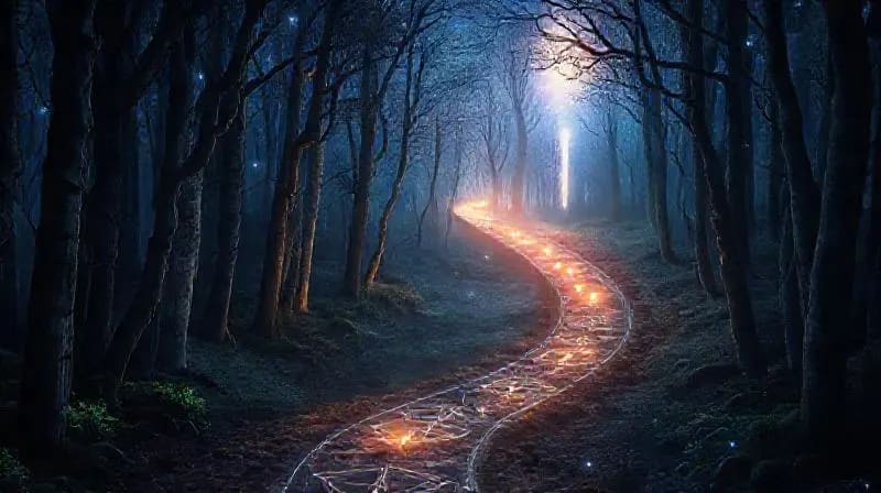 A winding, illuminated path through a mystical forest with glowing markers, symbolizing a life journey and the recurring lunar node returns.