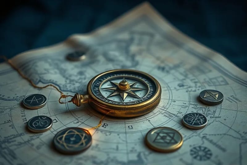 A weathered, antique compass resting on a map of celestial constellations, surrounded by ancient tokens engraved with abstract karmic symbols.