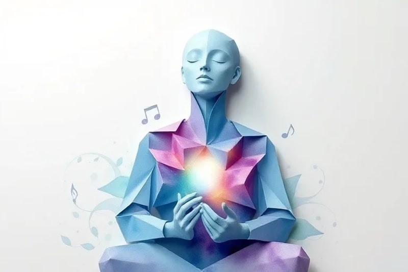 Persona meditando con luz y notas musicales