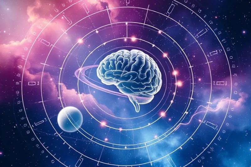 Representación abstracta en acuarela de la mente humana entrelazándose con órbitas planetarias, con colores suaves que simbolizan la fusión de pensamientos y ciclos celestes.