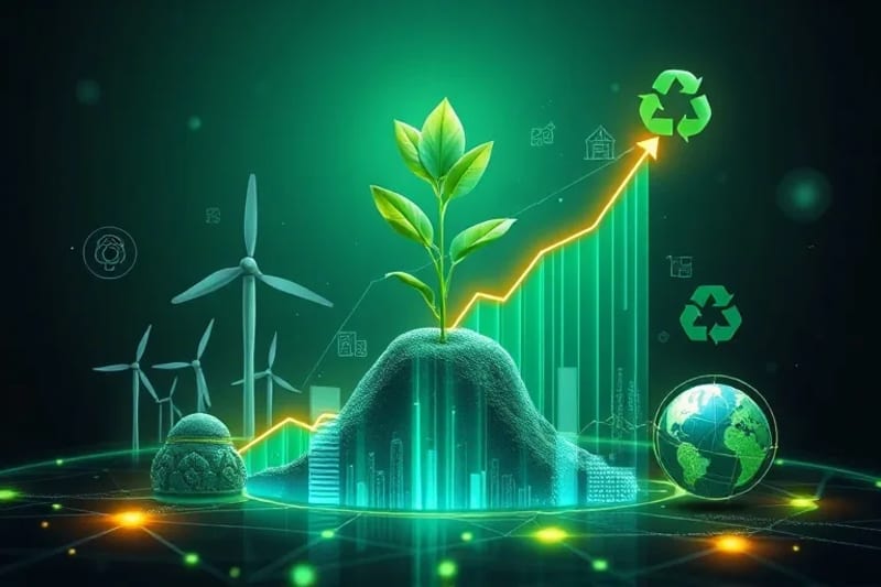 Infografía de crecimiento con una planta floreciendo y símbolos de impacto social y ambiental.