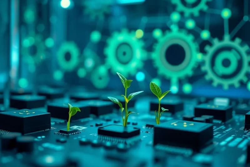 Laboratorio futurista con datos brillantes y plantas en crecimiento, representando la innovación impulsada por datos para la sostenibilidad.