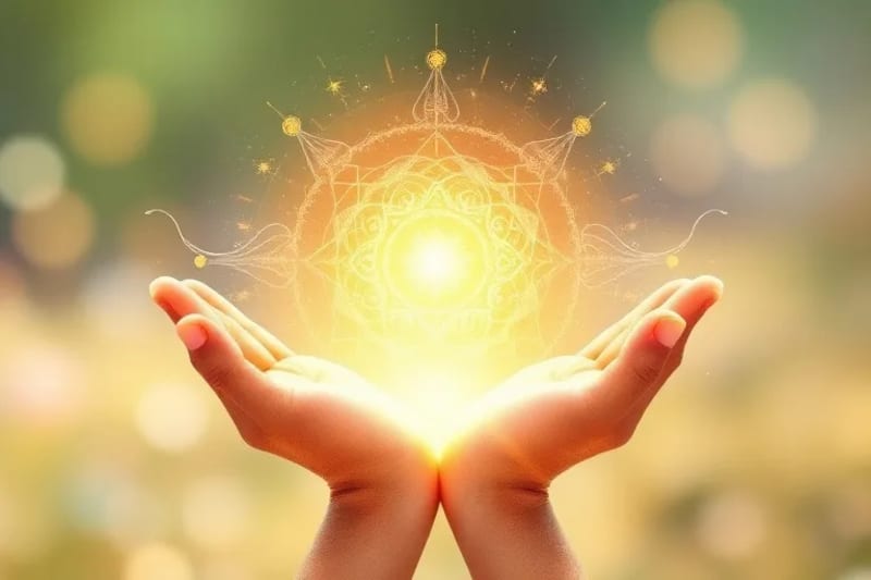 Watercolor illustration of hands emitting light, with digital overlays for energy healing and augmented reality.