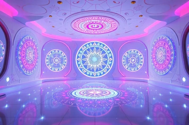 3D render of a futuristic meditation space with floating holographic symbols and light for energy healing.