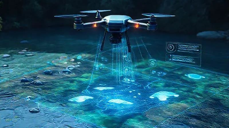 Drone projecting environmental data onto a river
