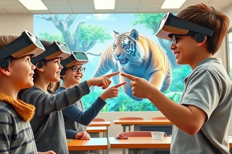 Children in AR headsets learning about endangered species