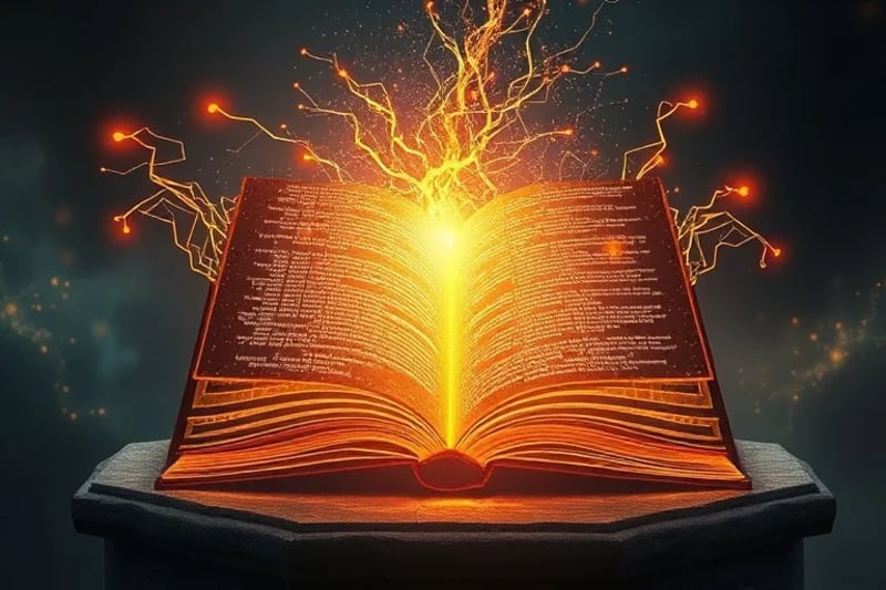 Red de datos y código binario formando la silueta de un libro antiguo con rollos digitales.