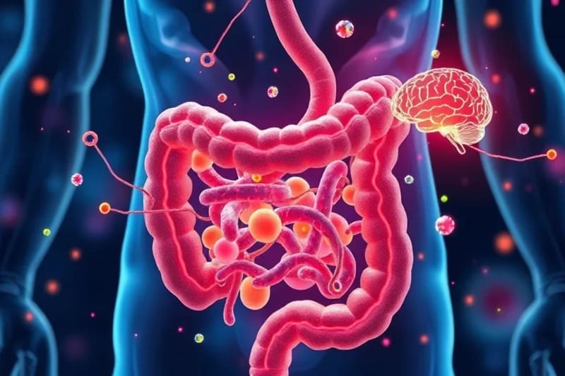 Ilustración acuarela del eje intestino-cerebro infantil