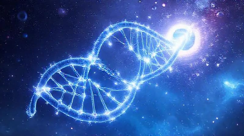 Hélice de ADN cósmico entrelazada con luz estelar
