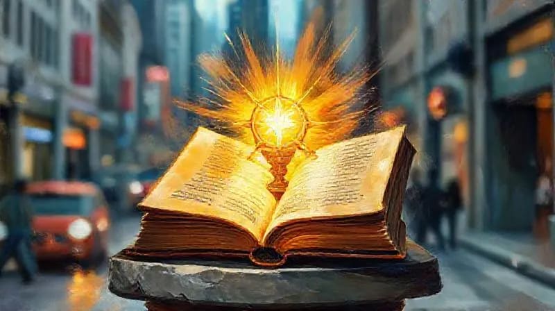 Manos sosteniendo una hostia consagrada que irradia luz, con un fondo de ciudad borroso.