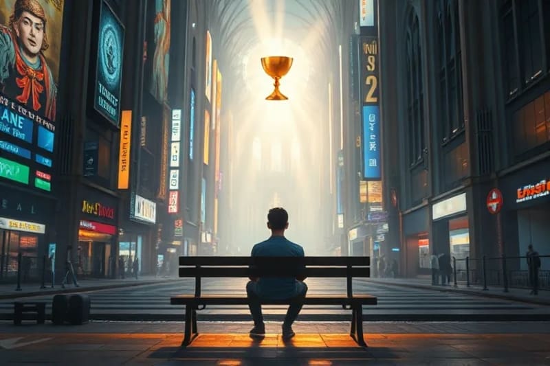 Persona meditando en un banco de parque en una ciudad futurista, con símbolos eucarísticos flotando etéreamente.