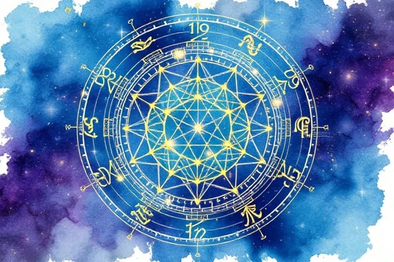 Abstract cosmic symbols and geometric patterns representing universal interconnectedness