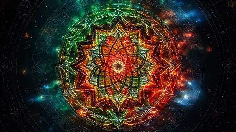 Mystical vortex of five glowing colors representing the Five Elements