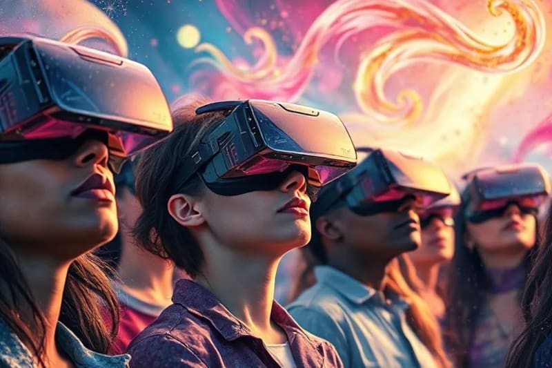 Grupo de personas inmersas en experiencias de realidad virtual interactivas, con entornos digitales vibrantes y logotipos de marcas integrados sutilmente.