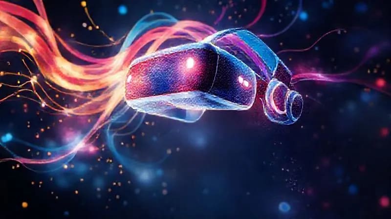 Representación abstracta en acuarela de emociones como alegría y conexión, emanando de un visor de realidad virtual hacia un logotipo de marca estilizado, con colores suaves y etéreos.