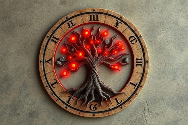 Representación abstracta del zodiaco con raíces profundas y un árbol central, simbolizando la conexión de los signos con el enraizamiento y la sabiduría ancestral.