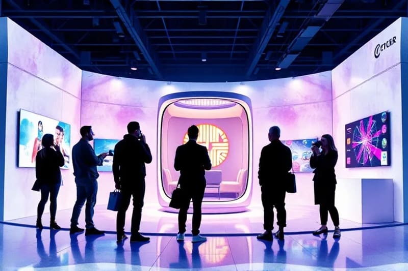 Render 3D de un stand de exposición futurista con pantallas holográficas interactivas y un pod de RV central, donde siluetas de consumidores interactúan con contenido digital animado, en un ambiente de luz azul y púrpura.