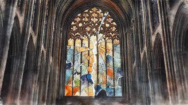 Ventana de vidrieras rota simbolizando la división eclesiástica