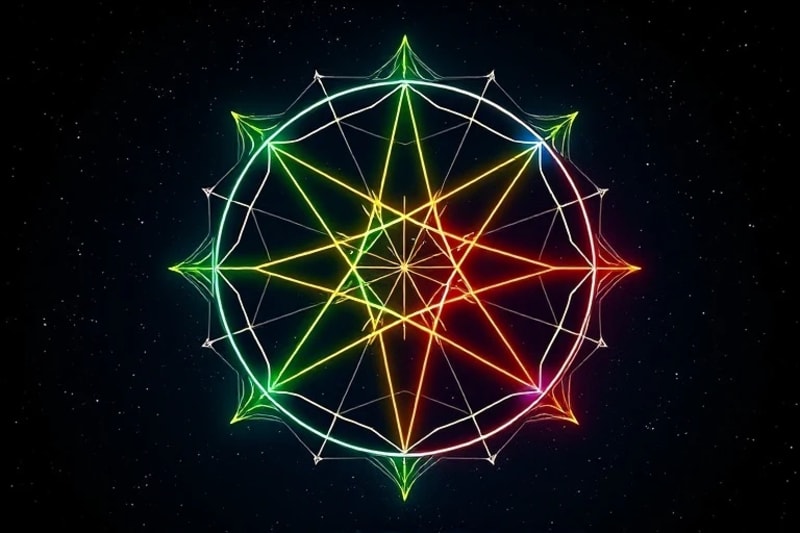 Abstract vector art of two overlaid astrological charts with glowing lines indicating harmonious and challenging aspects.