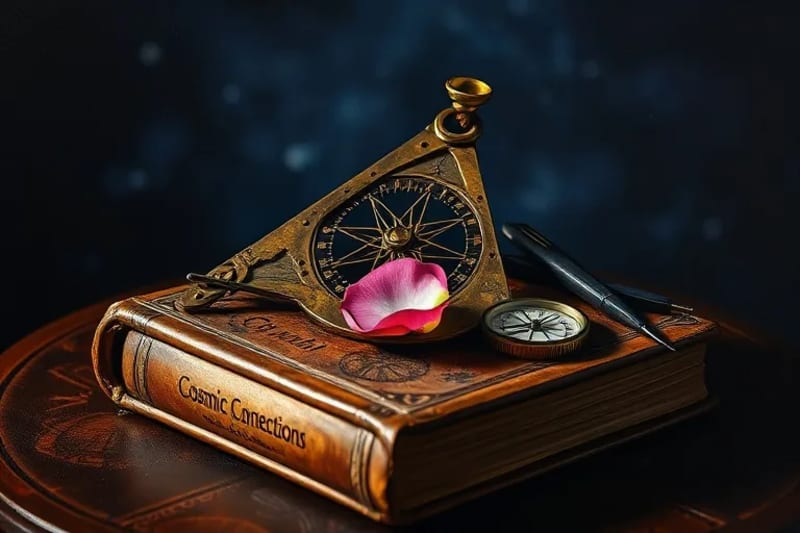 Conceptual oil painting of antique celestial navigation tools like an astrolabe and sextant, with a single rose petal, on a book titled 'Cosmic Connections'.