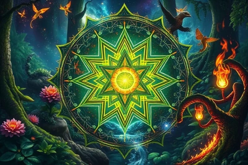 Representación digital de espíritus elementales en un paisaje natural