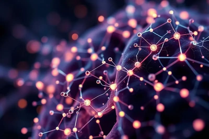 Extreme close-up macro photography of intricate neural networks glowing with interconnected light, symbolizing neuroplasticity and brain growth.