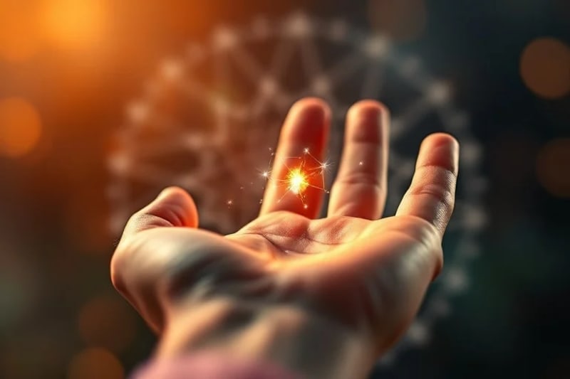 Macro shot of a hand with shimmering energy particles