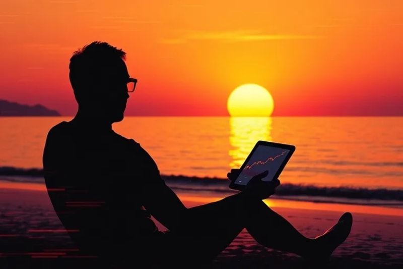 Stylized vector illustration of a person relaxing on a beach at sunset, holding a tablet with a positive financial graph, symbolizing early retirement and freedom.