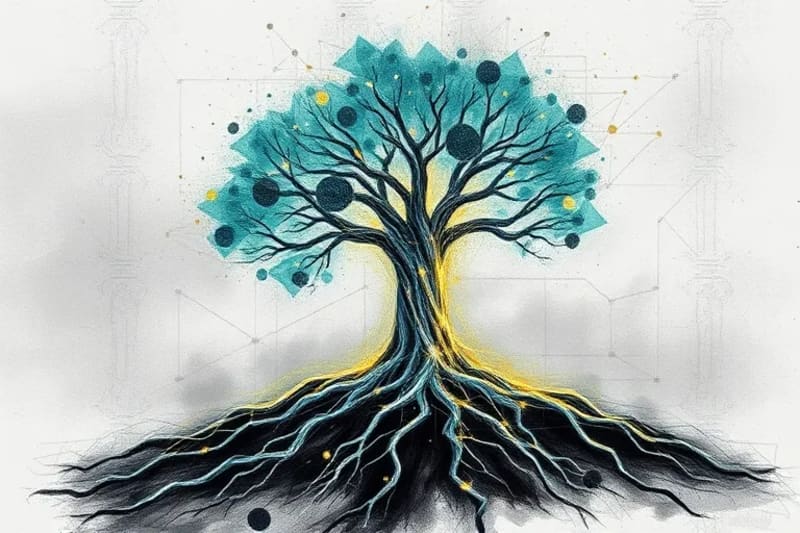 Abstract 3D render of interconnected geometric shapes forming a glowing tree, symbolizing growth, data flow, and sustainable financial networks.