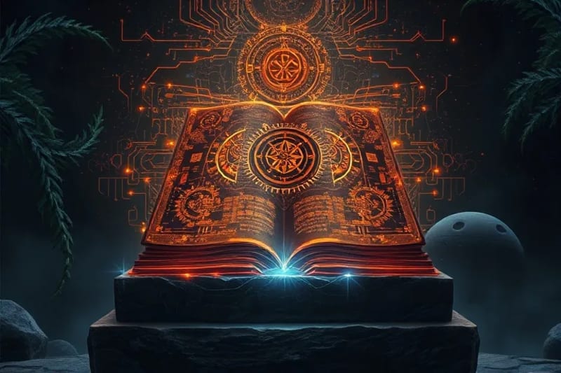 Icono sagrado moderno con símbolos religiosos y elementos futuristas