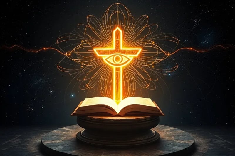 Holograma de símbolo sagrado emergiendo de datos y luz