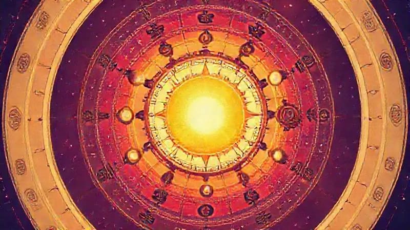 Reloj cósmico con órbitas planetarias y símbolos antiguos