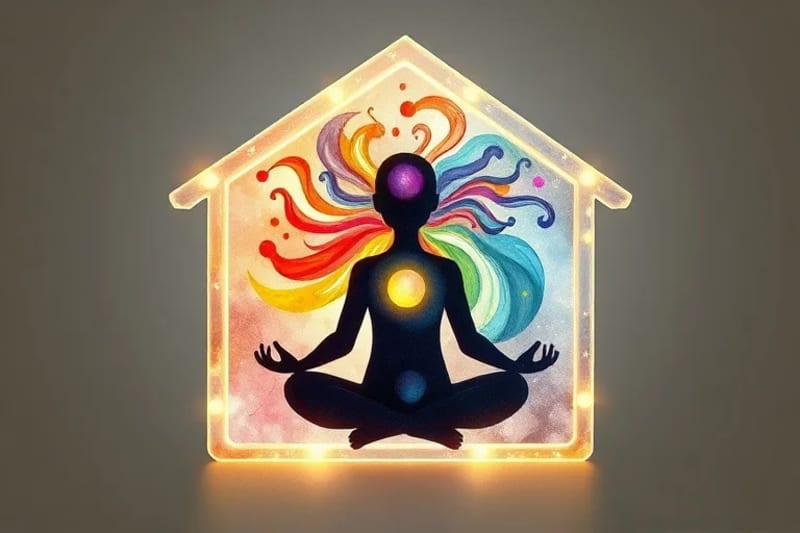 Stylized human silhouette meditating within a house, showing abstract psychological patterns connecting to the space.