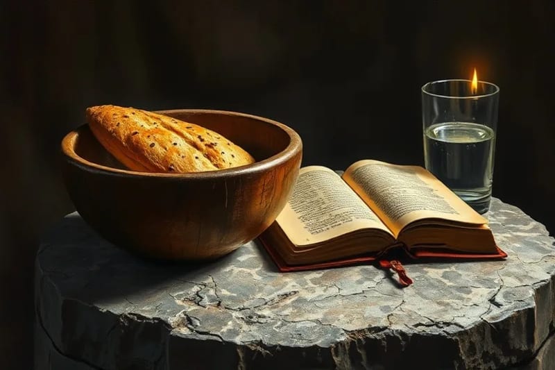 Bodegón de pan, agua y libro antiguo iluminado por una vela, simbolizando la austeridad