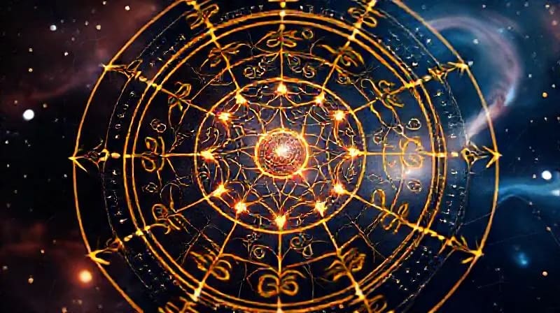 Intricate natal chart with glowing lines and calligraphic mantra patterns.