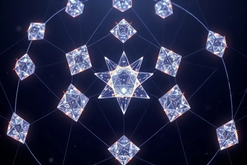 Abstract 3D render of interconnected crystalline structures emitting light and sound waves.
